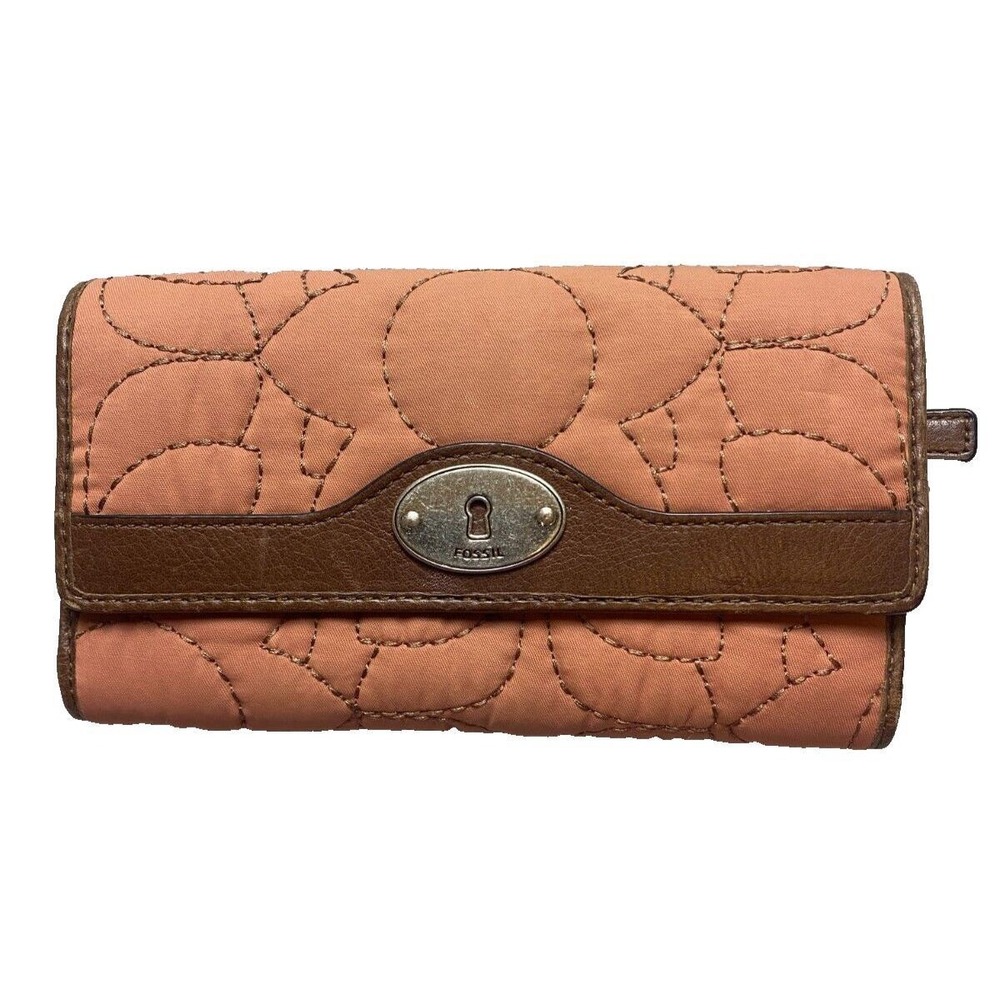 Fossil Key-Per Wallet Peach Fabric Brown Leather Fold Over Zip Quilted‎ Clutch